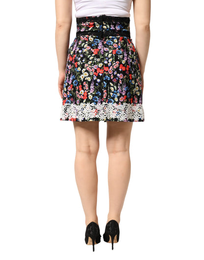 Minifalda de talle alto de algodón con encaje floral negro de Dolce & Gabbana