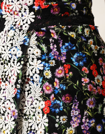 Minifalda de talle alto de algodón con encaje floral negro de Dolce & Gabbana