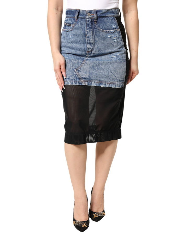 Falda midi transparente de algodón y denim azul negro de Dolce & Gabbana