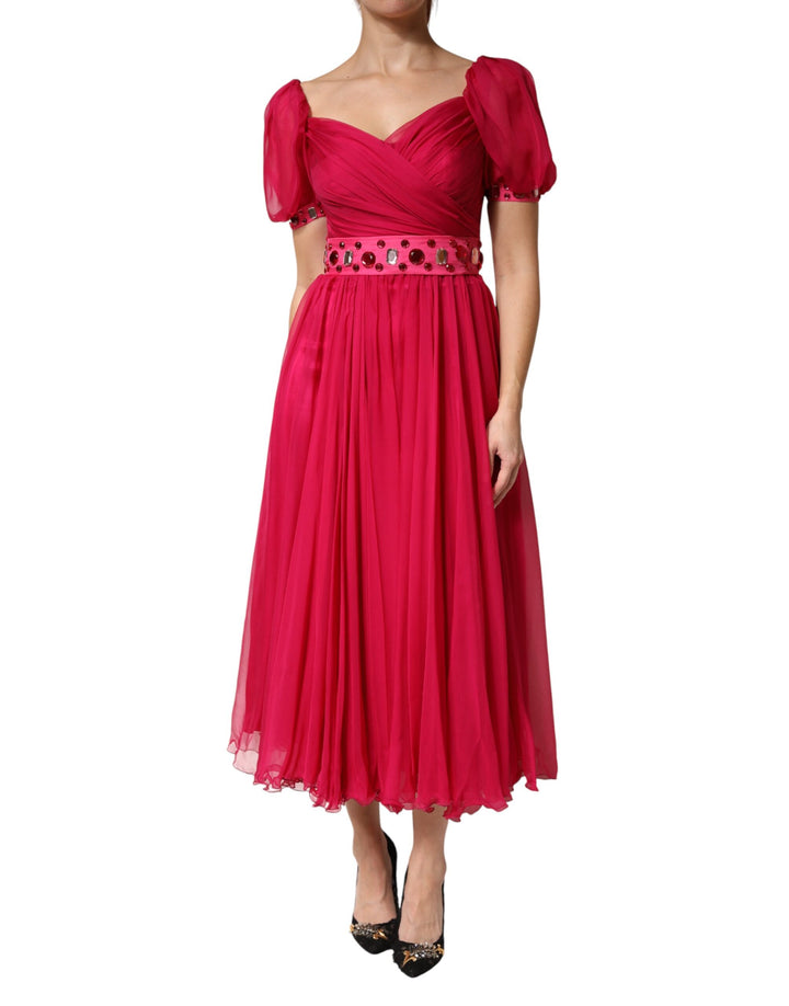 Vestido midi acampanado Dolce & Gabbana de seda rosa con adornos