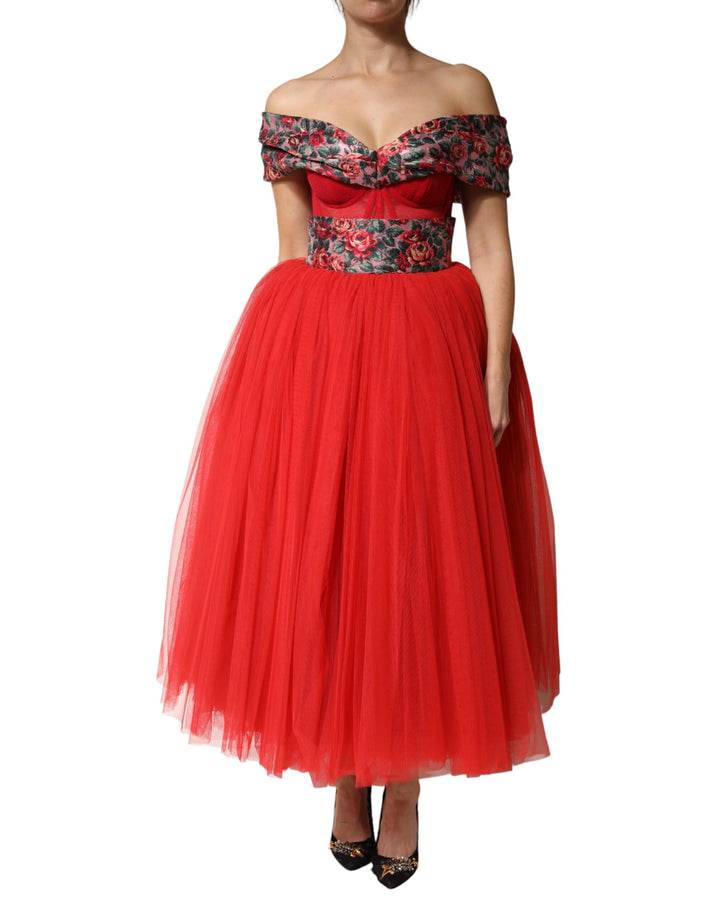 Vestido de fiesta con estampado floral rojo y hombros descubiertos de Dolce & Gabbana