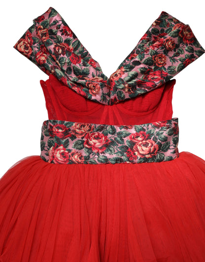 Vestido de fiesta con estampado floral rojo y hombros descubiertos de Dolce & Gabbana
