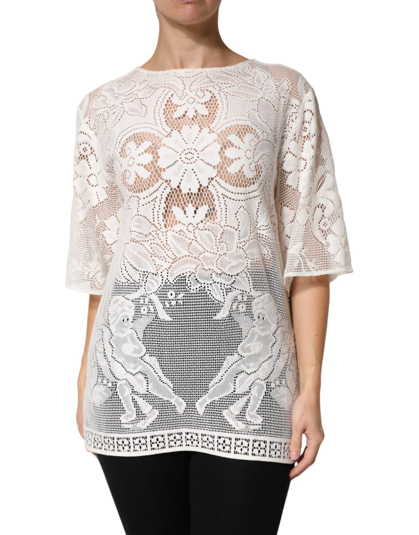 Top blusa de algodón con encaje y bordado blanco de Dolce & Gabbana