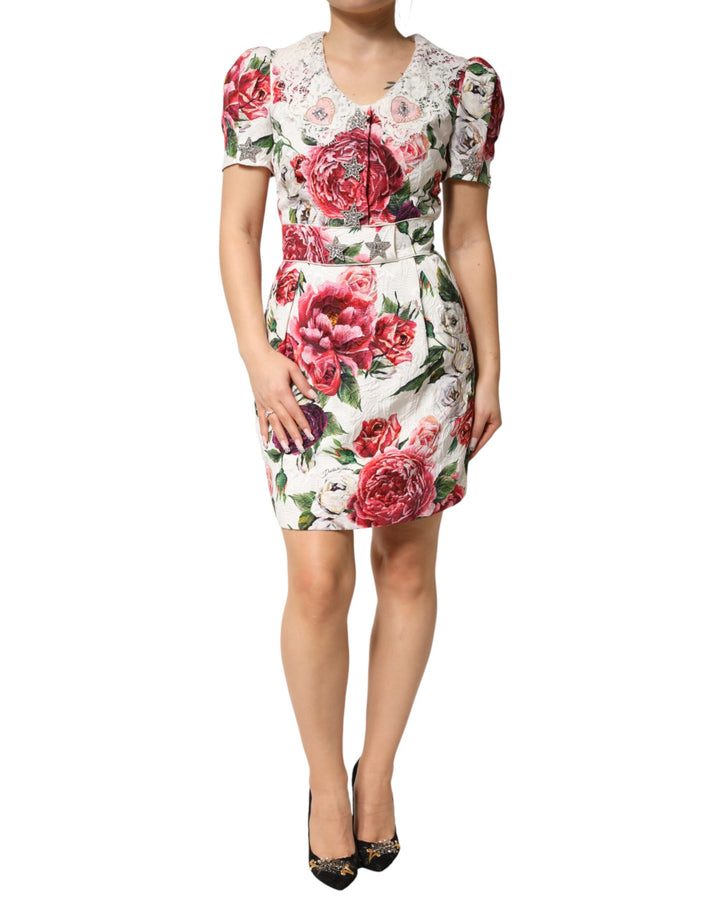 Minivestido recto blanco con adornos florales de Dolce & Gabbana