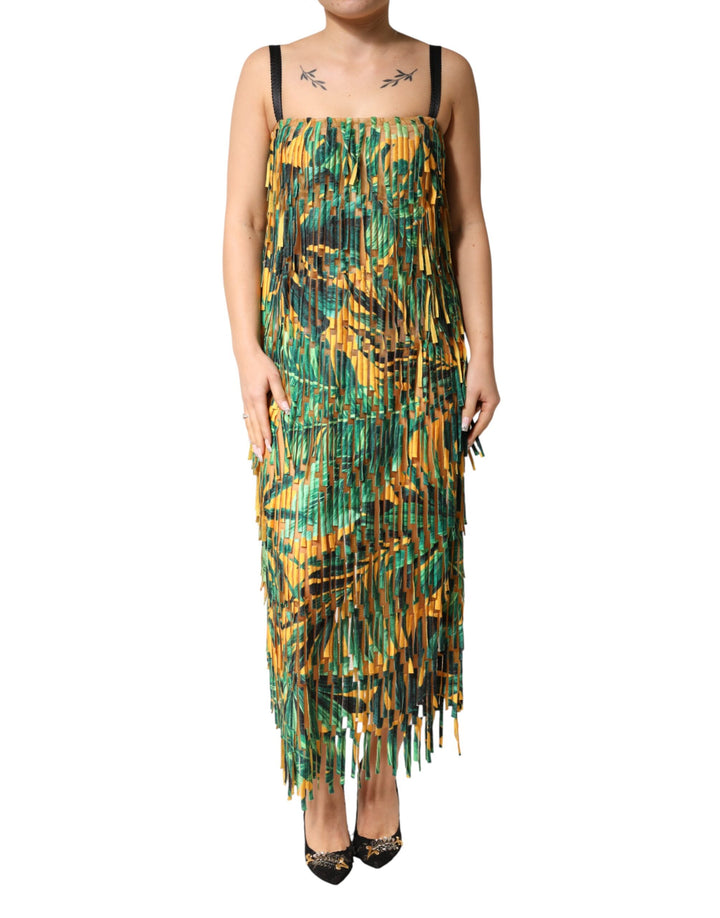 Vestido maxi con estampado tropical multicolor y flecos de Dolce & Gabbana
