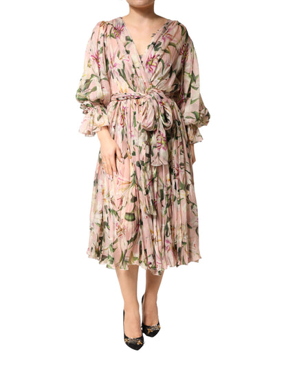 Vestido Largo Plisado con Estampado de Lirios Rosas de Corte Evasé de Dolce & Gabbana