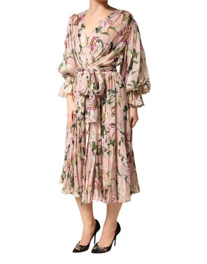 Vestido Largo Plisado con Estampado de Lirios Rosas de Corte Evasé de Dolce & Gabbana