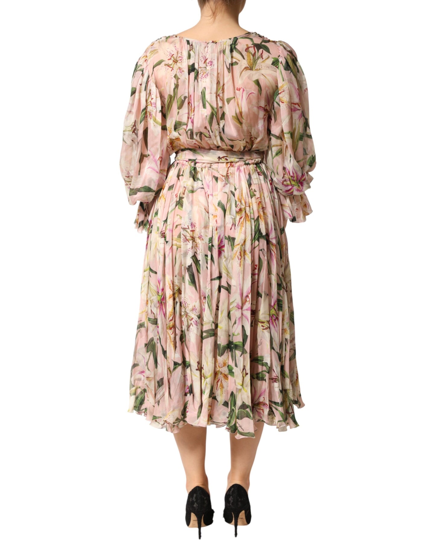 Vestido Largo Plisado con Estampado de Lirios Rosas de Corte Evasé de Dolce & Gabbana