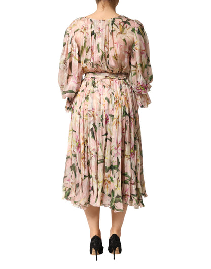 Vestido Largo Plisado con Estampado de Lirios Rosas de Corte Evasé de Dolce & Gabbana