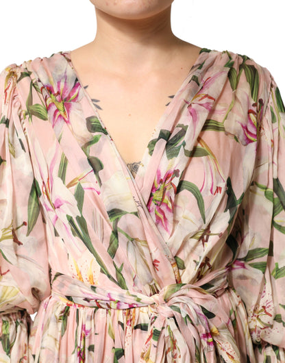 Vestido Largo Plisado con Estampado de Lirios Rosas de Corte Evasé de Dolce & Gabbana