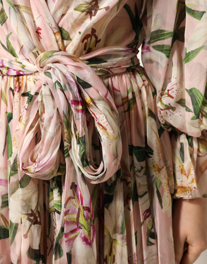 Vestido Largo Plisado con Estampado de Lirios Rosas de Corte Evasé de Dolce & Gabbana