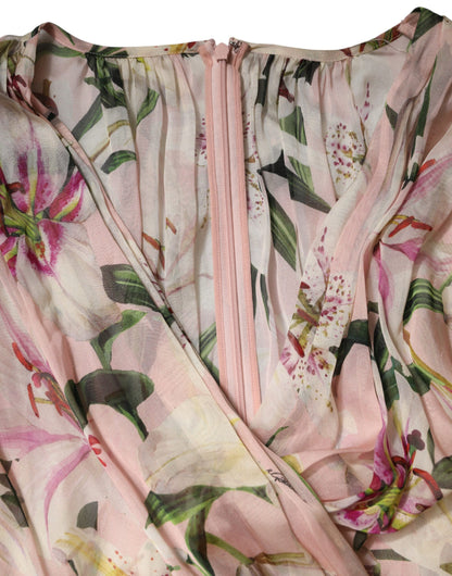 Vestido Largo Plisado con Estampado de Lirios Rosas de Corte Evasé de Dolce & Gabbana