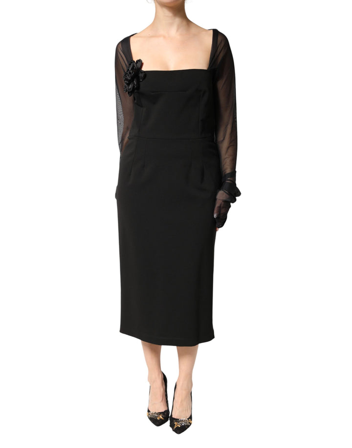 Vestido midi de vaina con roseta y canesú transparente negro Dolce & Gabbana