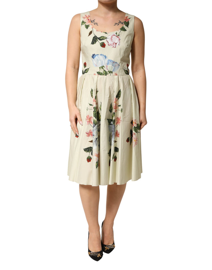 Vestido A-line sin mangas floral beige de Dolce & Gabbana