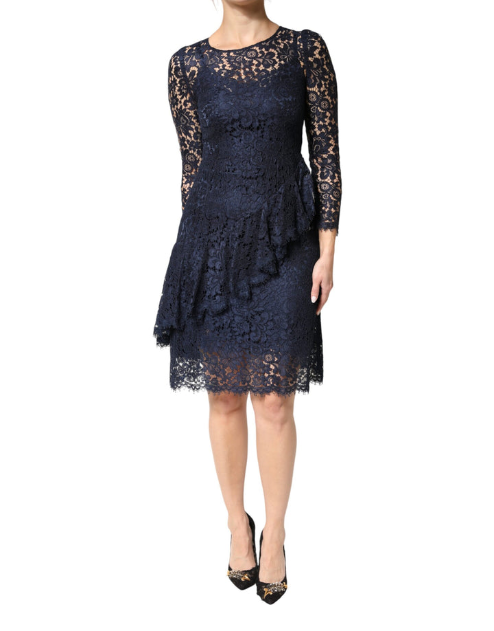 Vestido azul de encaje con volantes línea A hasta la rodilla de Dolce & Gabbana