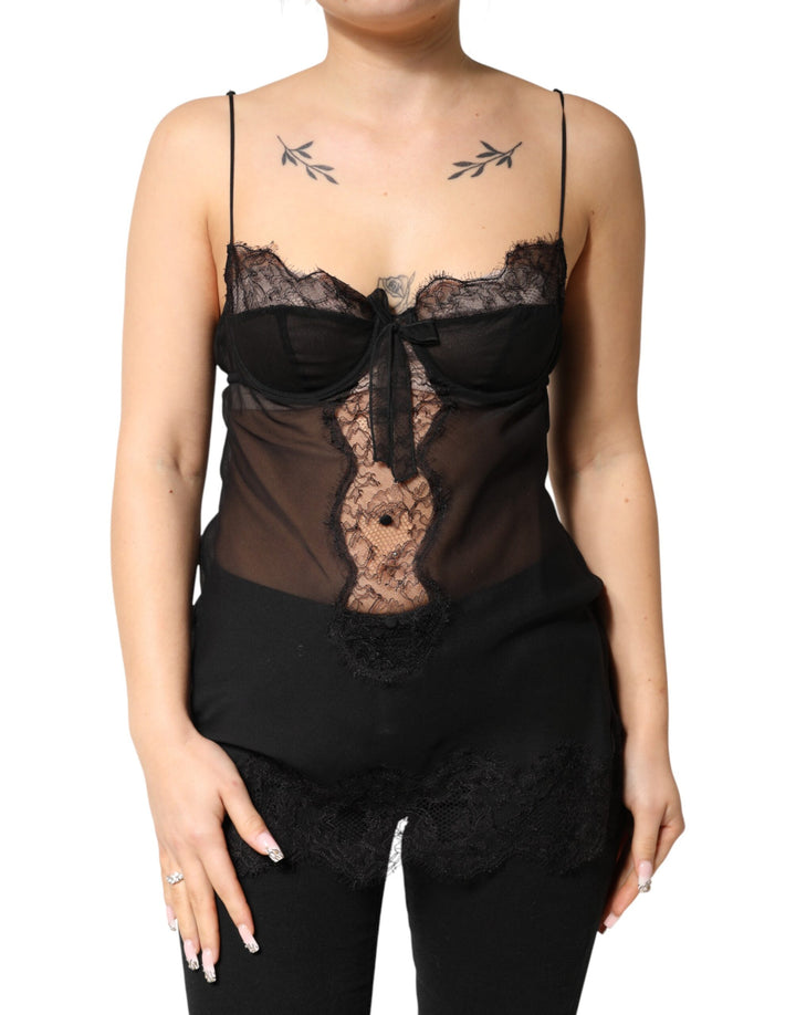 Haut de Lingerie Chemise en Dentelle Florale Soie Noire Dolce & Gabbana