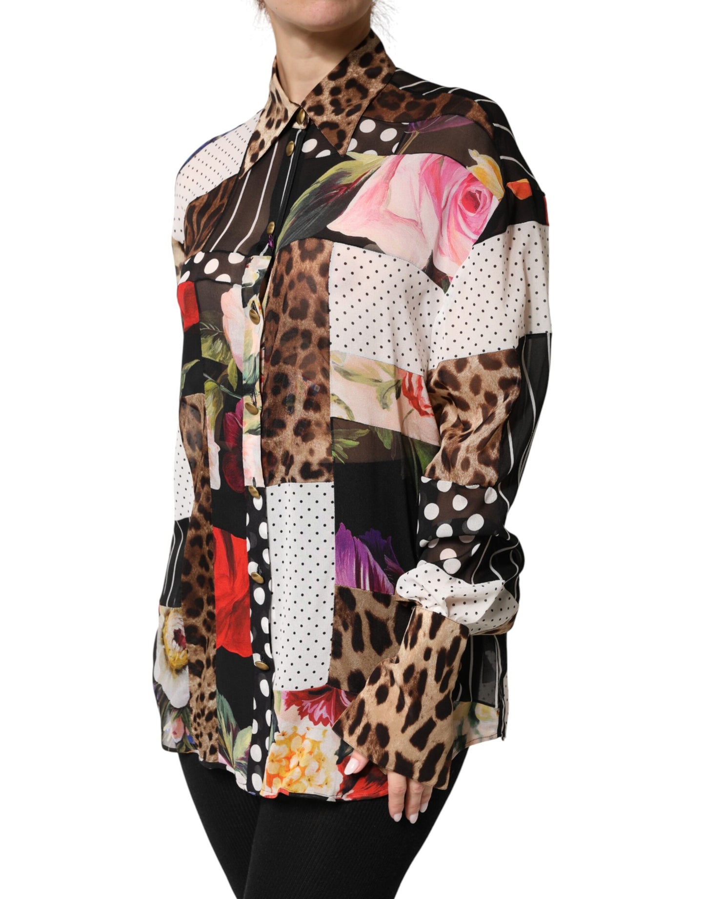 Blusa con cuello de seda multicolor patchwork Dolce & Gabbana