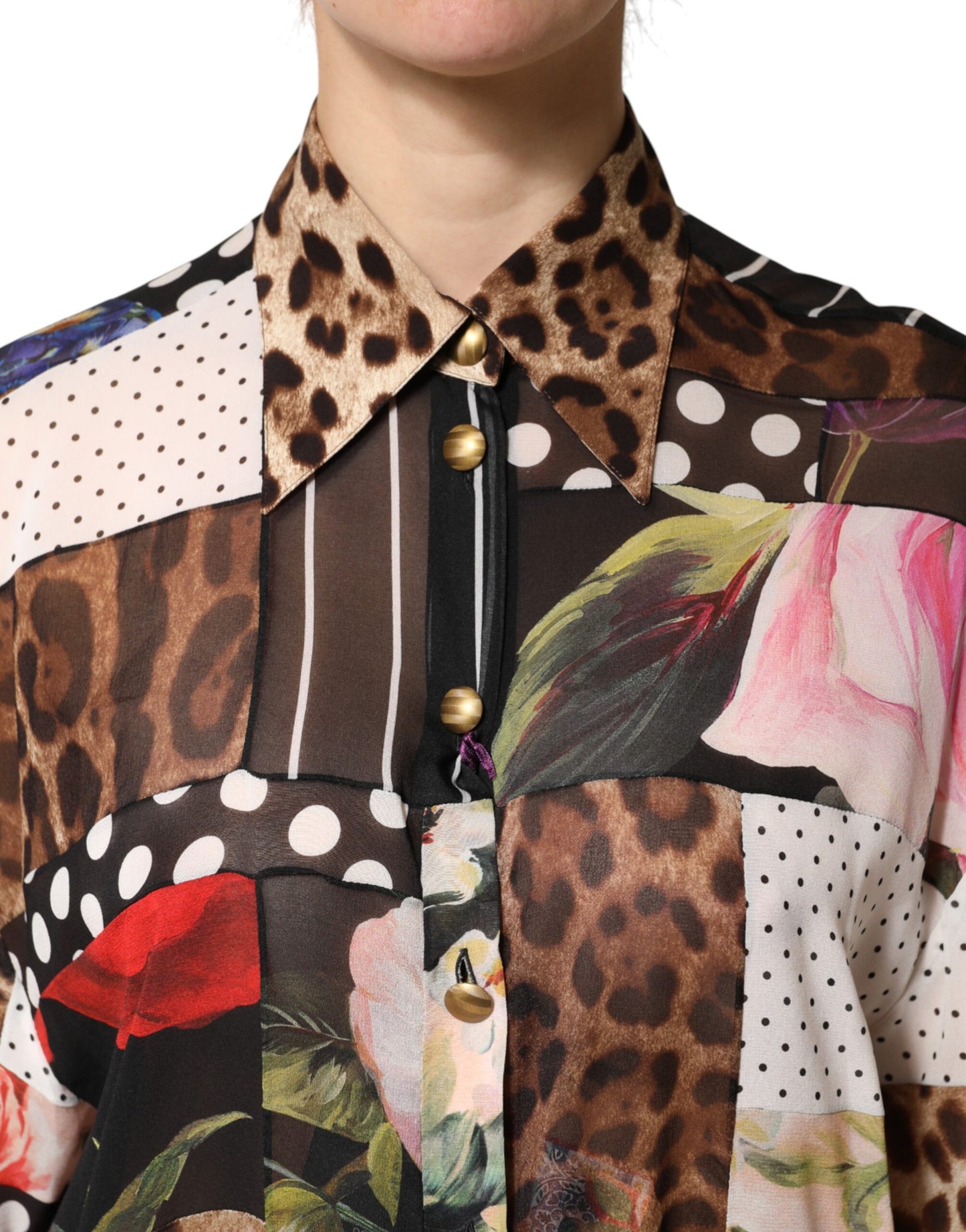 Blusa con cuello de seda multicolor patchwork Dolce & Gabbana