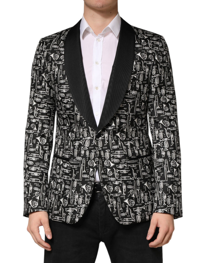 Blazer Dolce & Gabbana noir en soie à simple boutonnage, motif club de jazz