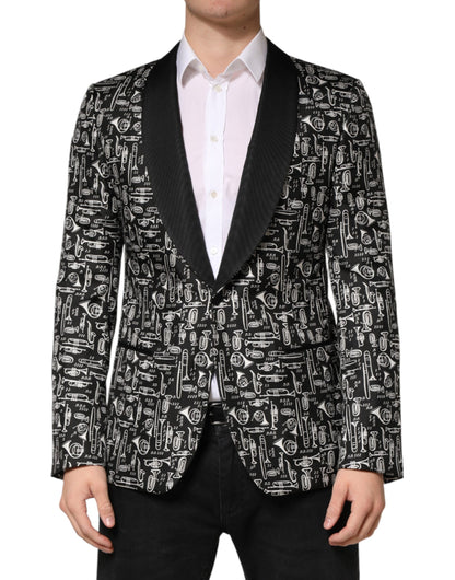 Blazer Dolce & Gabbana noir en soie à simple boutonnage, motif club de jazz