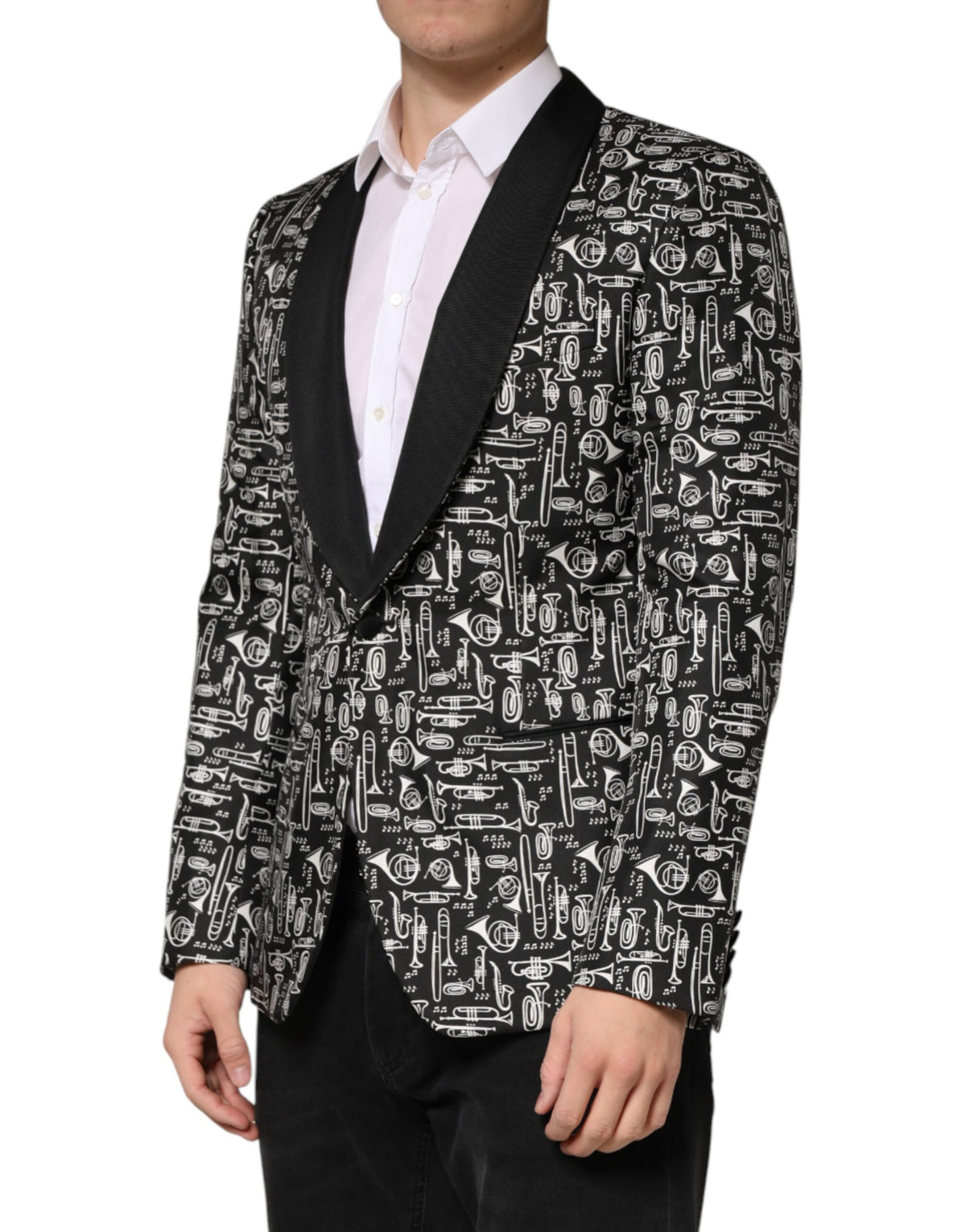 Blazer Dolce & Gabbana noir en soie à simple boutonnage, motif club de jazz
