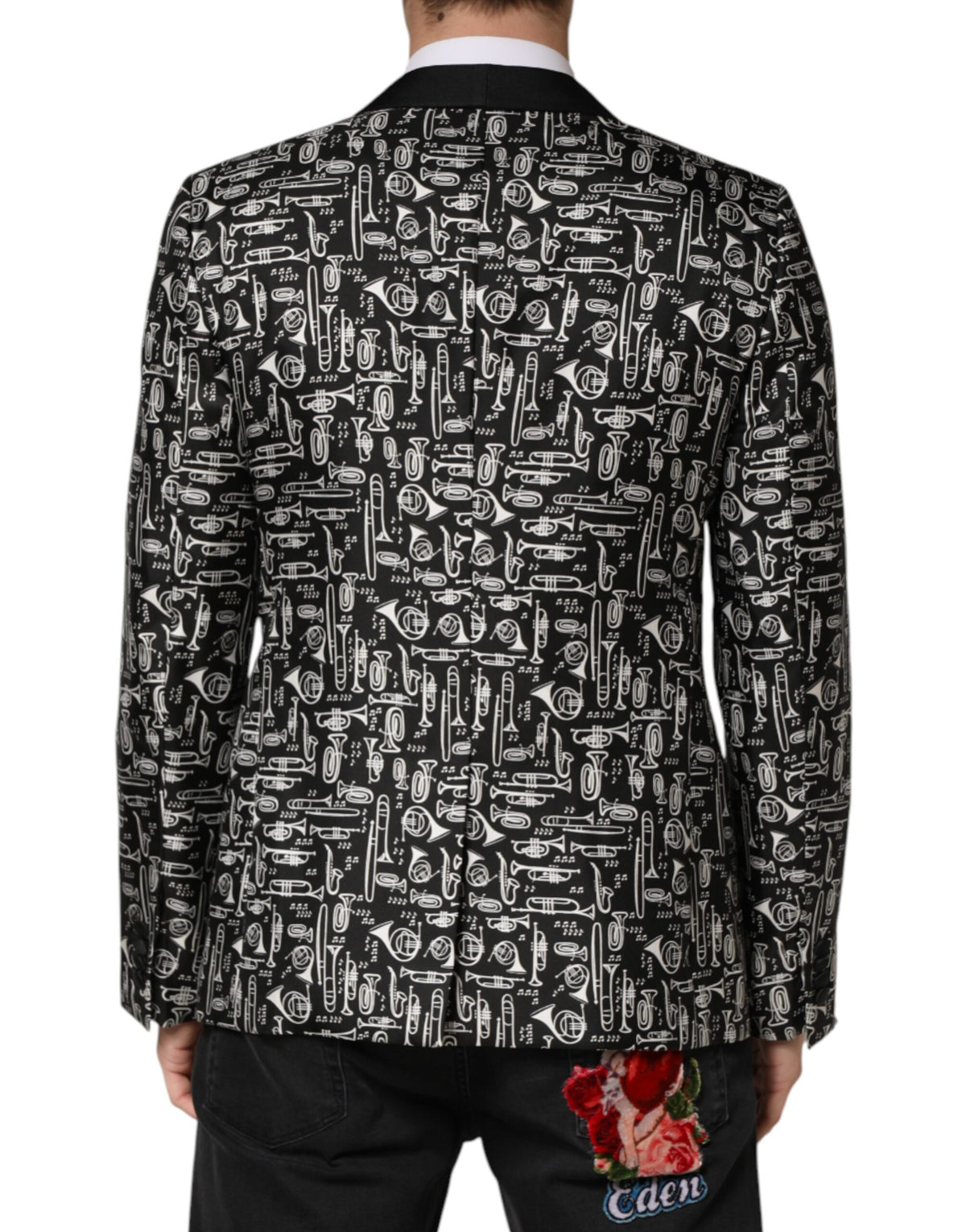 Blazer Dolce & Gabbana noir en soie à simple boutonnage, motif club de jazz