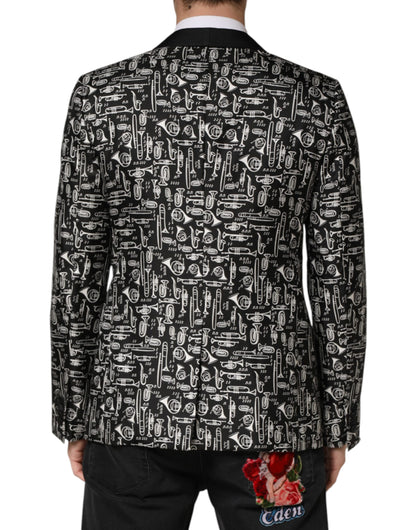 Blazer Dolce & Gabbana noir en soie à simple boutonnage, motif club de jazz