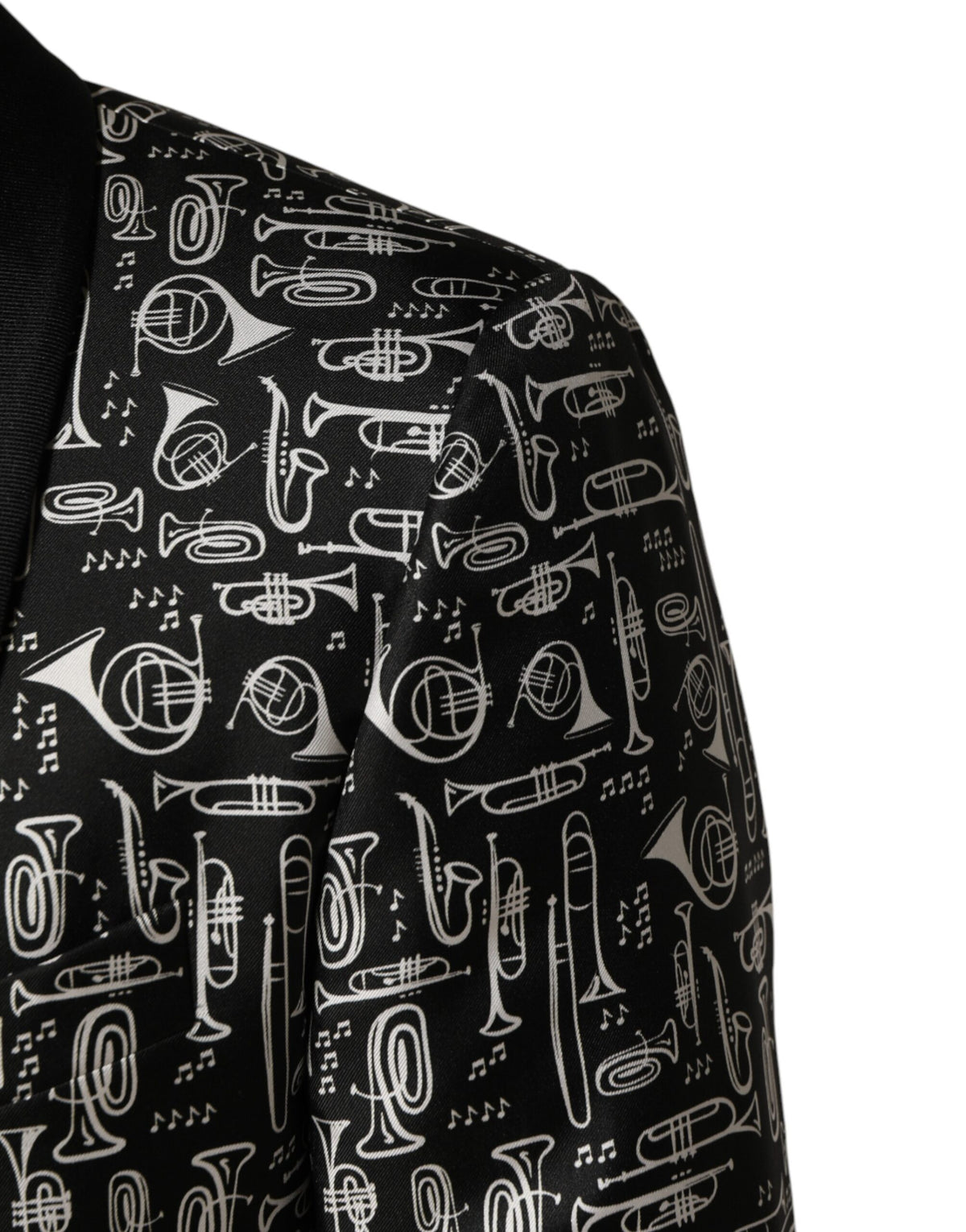 Blazer Dolce & Gabbana noir en soie à simple boutonnage, motif club de jazz