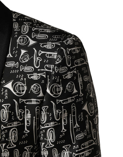 Blazer Dolce & Gabbana noir en soie à simple boutonnage, motif club de jazz